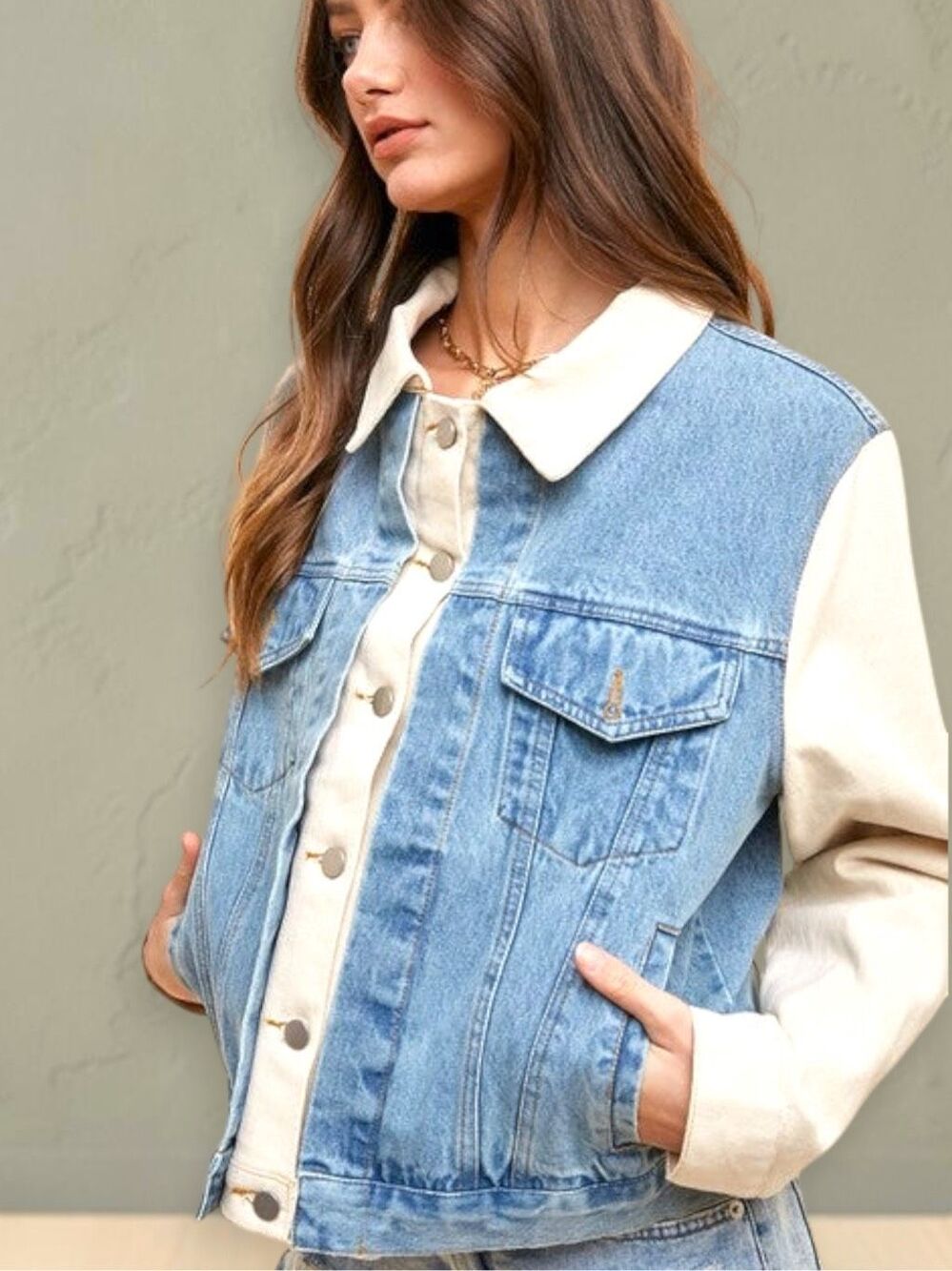 Annie Wear Two Tone Denim Jacket Cream Contrast Sleeve Colorblock Jean Shacket - Picture 3 of 8